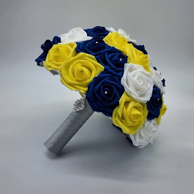 Royal Blue, Yellow, & White Wedding Bouquet Made w/Real Touch Roses, Bridal Bouquet, Bridesmaid Bouquet/ Matching Boutonnieres and Corsages